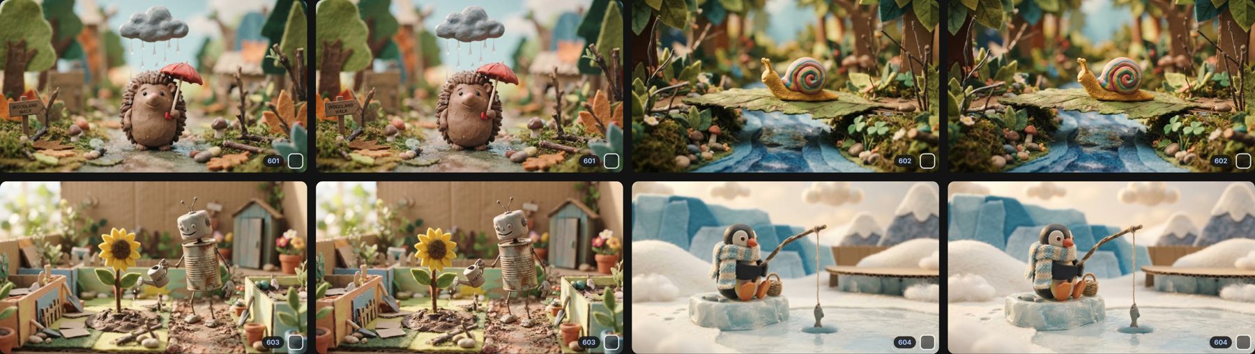 Flow's grid after a run: each card carries a small blue badge with its scene number, image and video of a scene sharing the same number