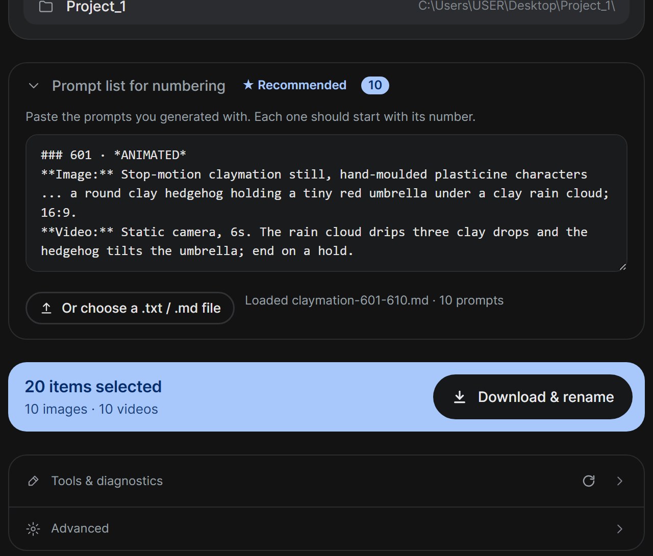 The prompt list row opened, with a script-style list pasted and a file loaded
