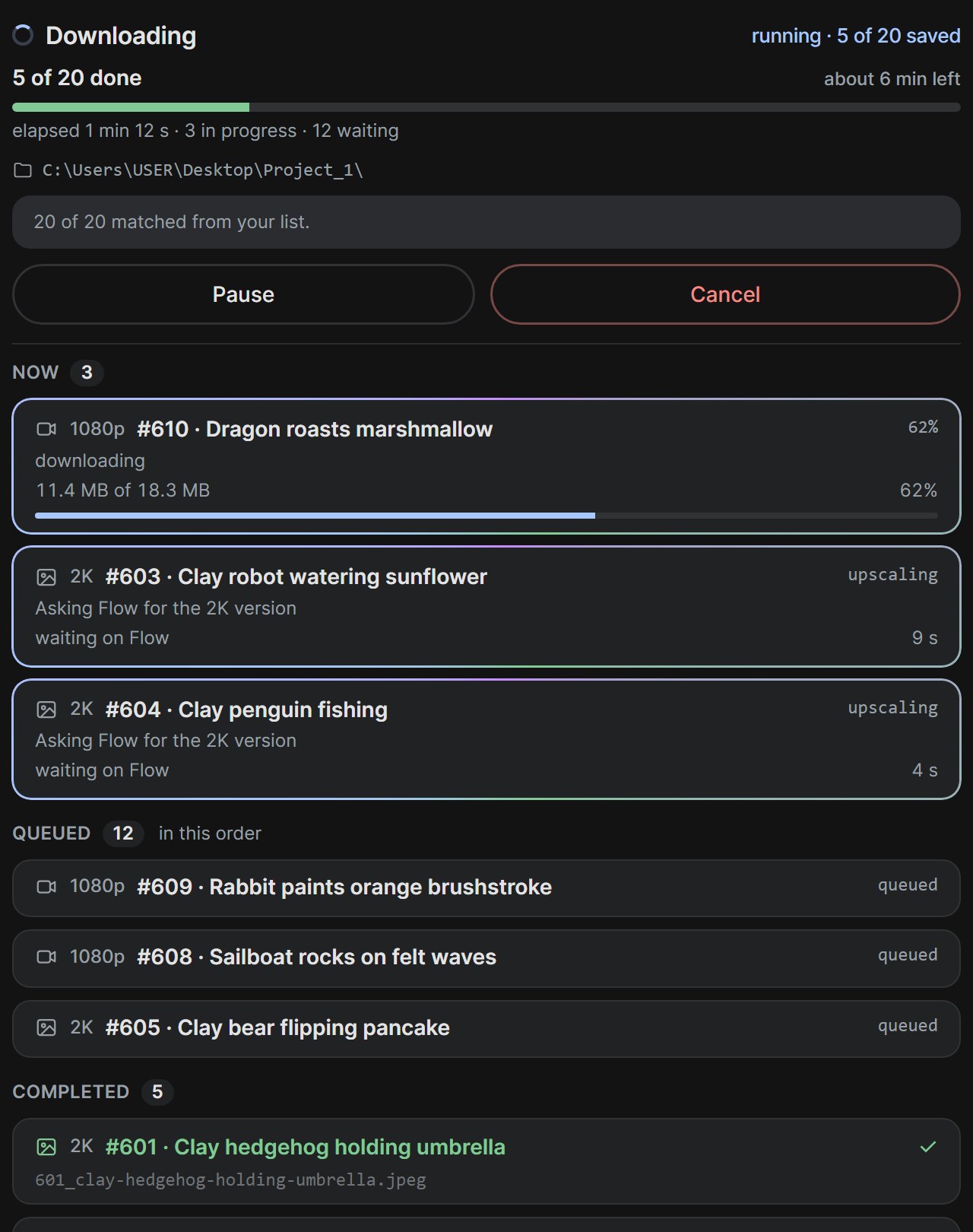 The run view: three items in progress with upscaling and download progress, twelve queued, five completed with their file names