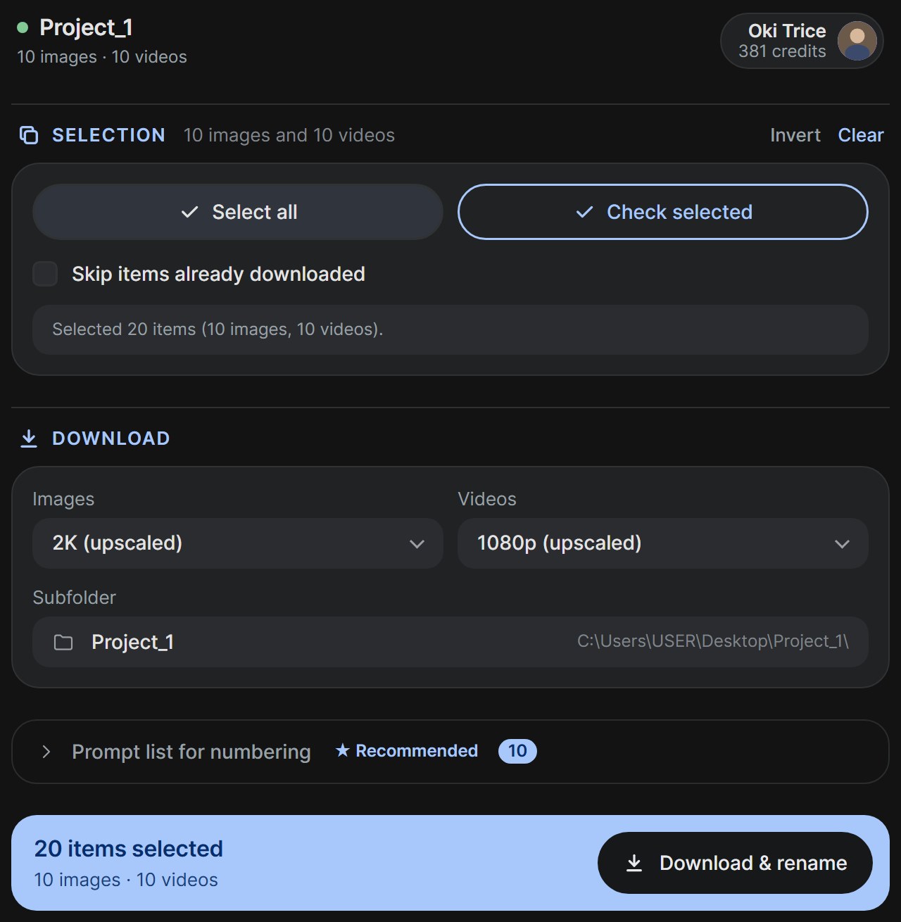 The FlowGrab panel with twenty items selected, a ten-prompt list loaded and the Download and rename button